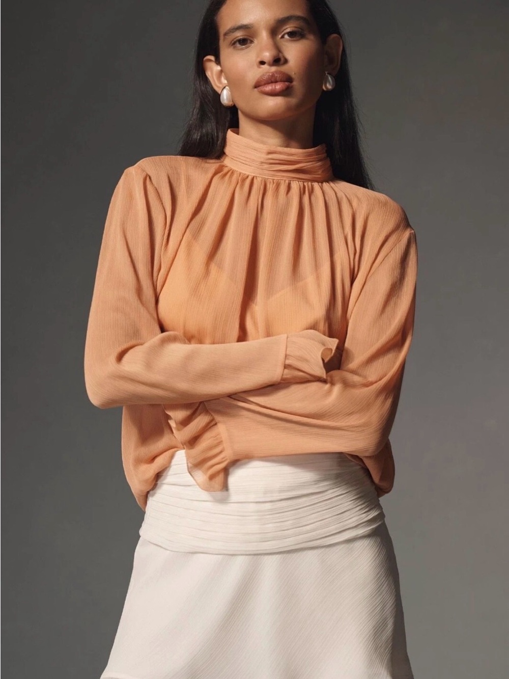 By Anthropologie Long-Sleeve High-Neck Sheer Blouse size M nwt in rose